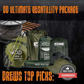 DD Ultimate Versatility Package featuring DD Hammocks, sleeping bag, and camping gear for comfortable adventures.